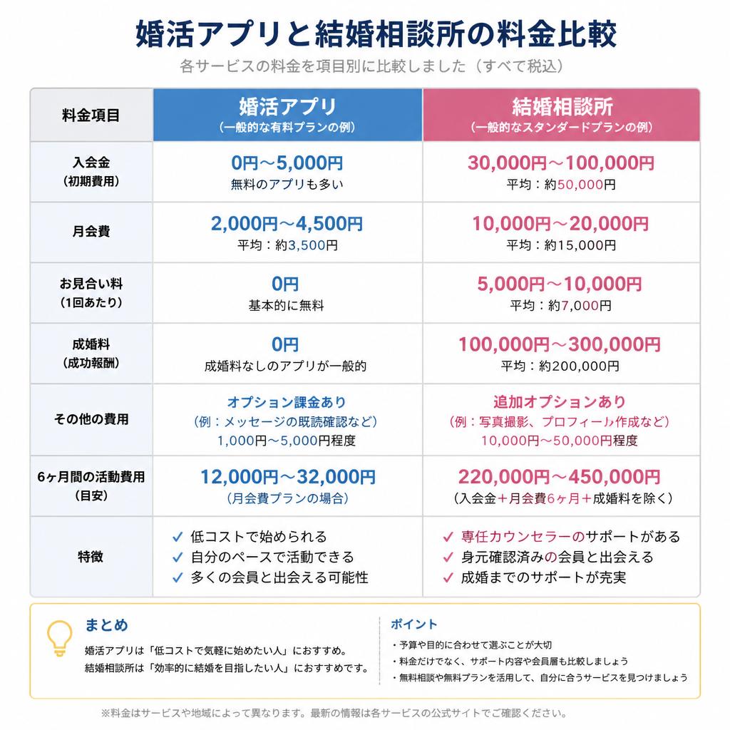 婚活アプリと結婚相談所の料金比較