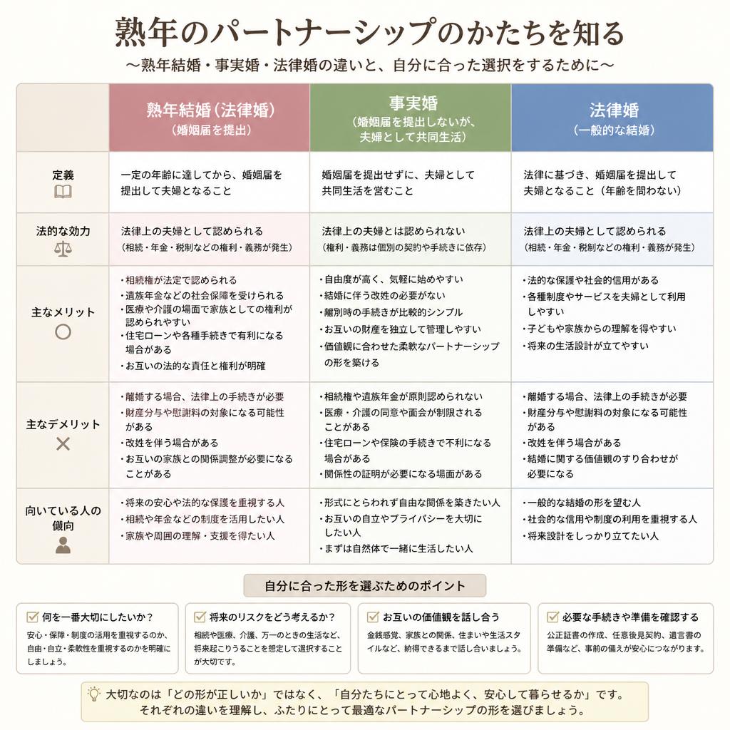 熟年結婚 vs 事実婚 vs 法律婚の違い